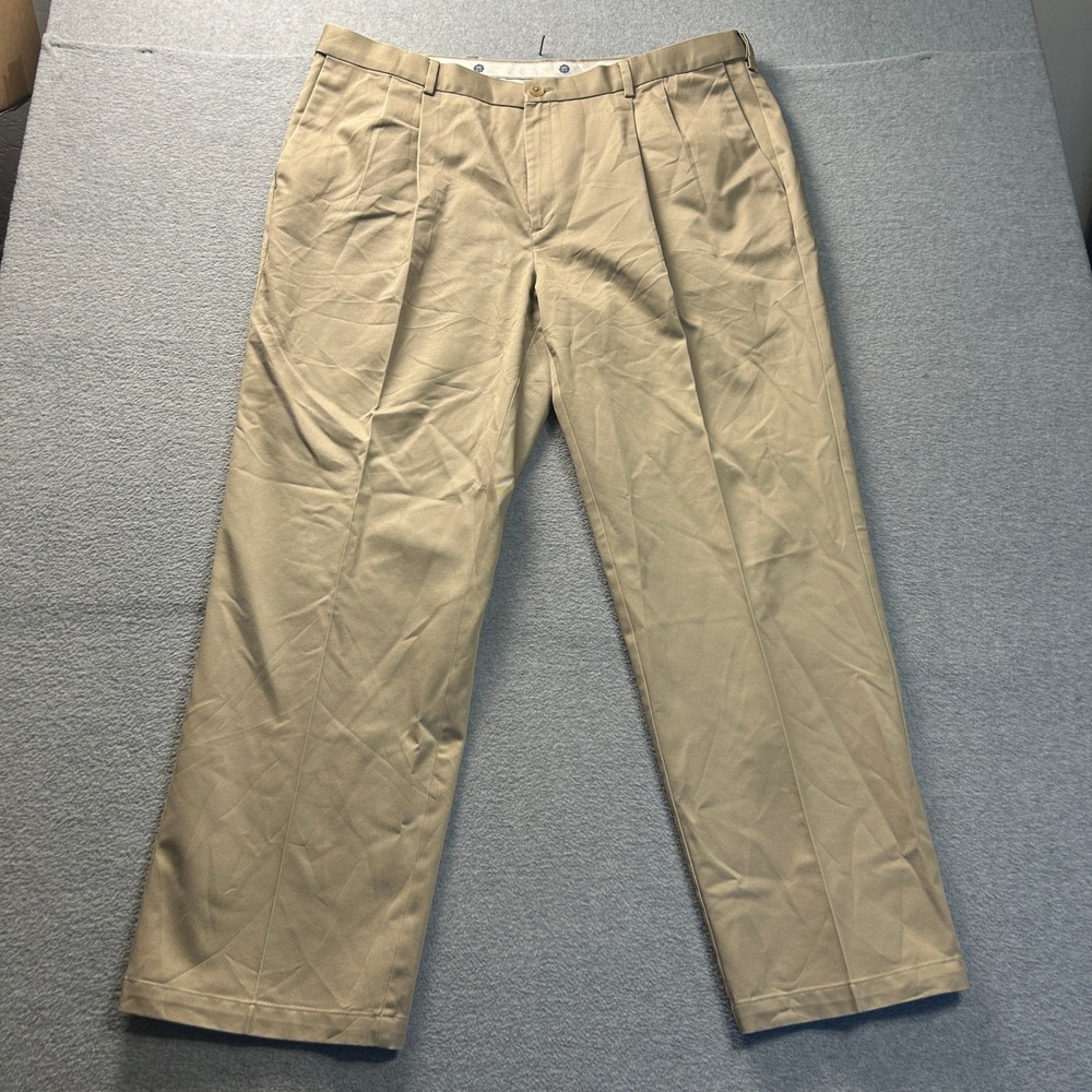 Pleated Chino Pants Mens 42x32 Khaki Classic Fit Cotton Tan Trousers Casual  Fit